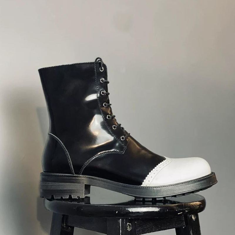 Mens Fashion Caps - Erkek Siyah-Beyaz Patent Deri Motosiklet Botları