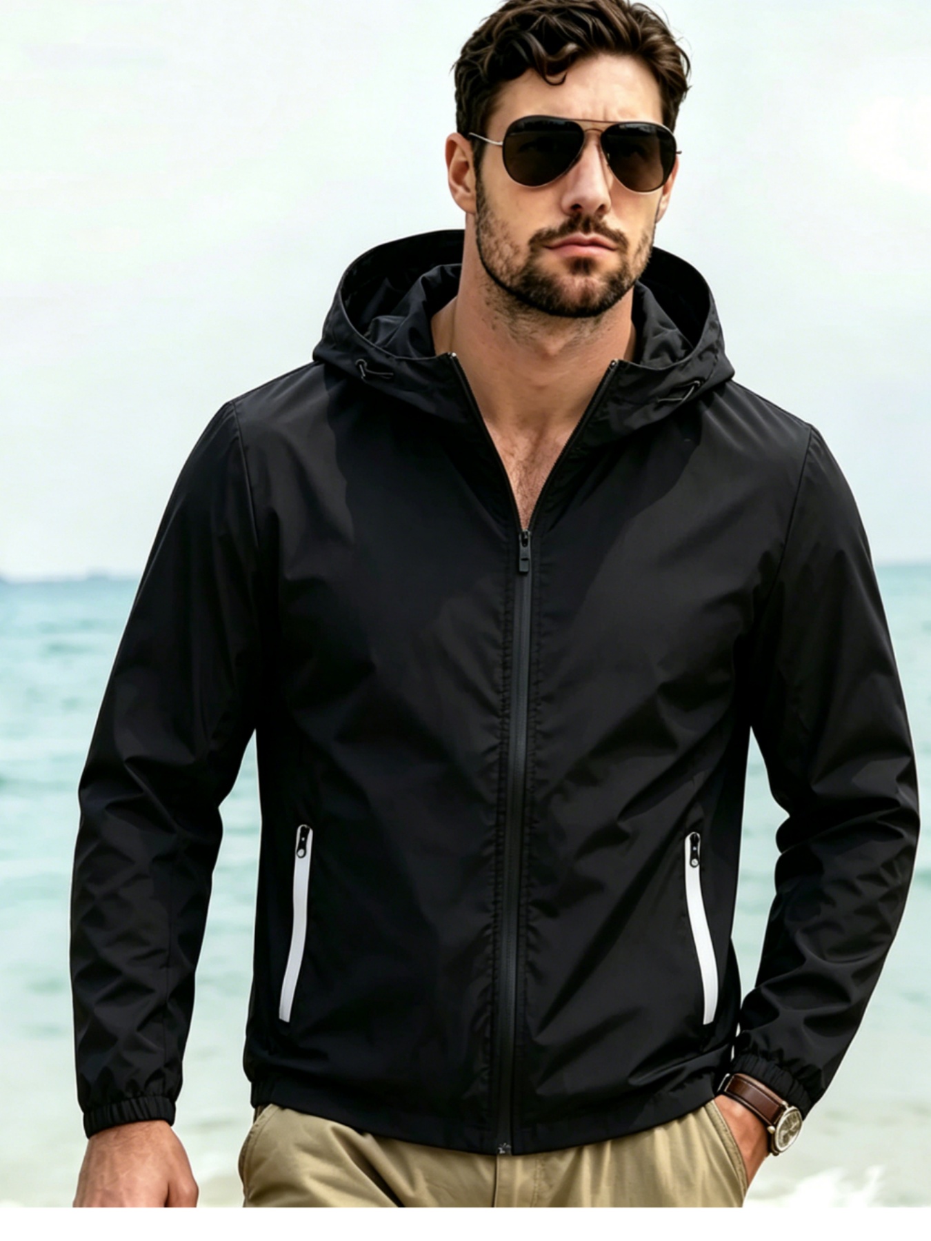 Windbreaker Men Zip - Erkek Kapüşonlu Rüzgarlık Ceket, Günlük, Dış