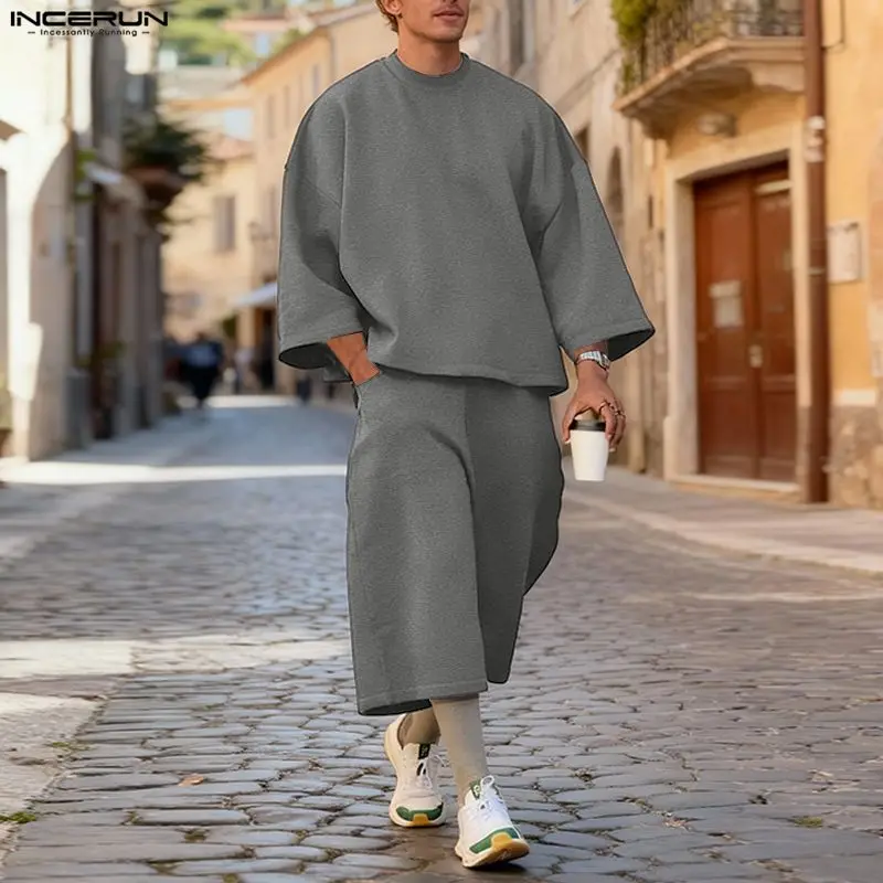 Mens Fashion Streetwear - INCERUN Erkekler Setleri Düz Renk Bol