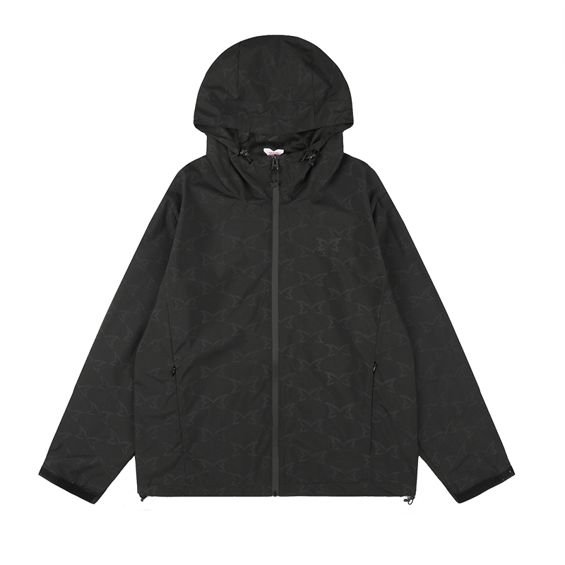 Windbreaker Men Zip - Siyah Kelebek Baskılı Kapüşonlu Ceket Tam