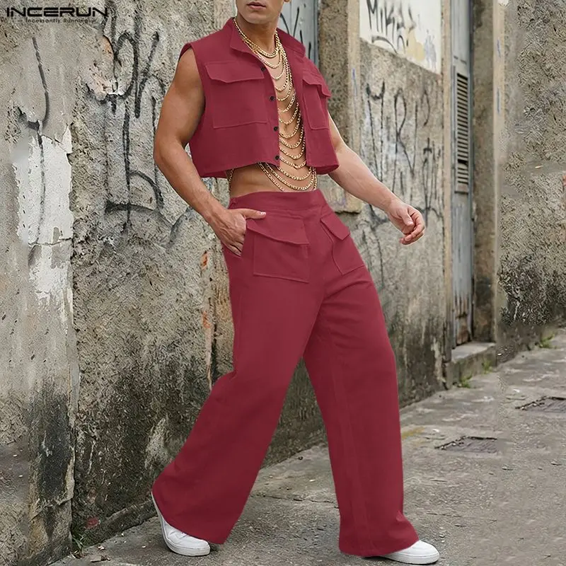Mens Fashion Streetwear - INCERUN Erkek Setleri Katı Kolsuz Kırpma