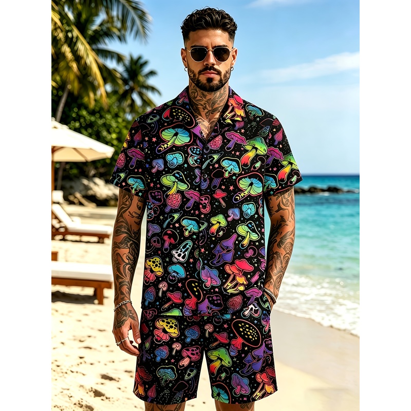 Mens Fashion Streetwear - Erkek Modası 3D Mantar Baskılı Takım