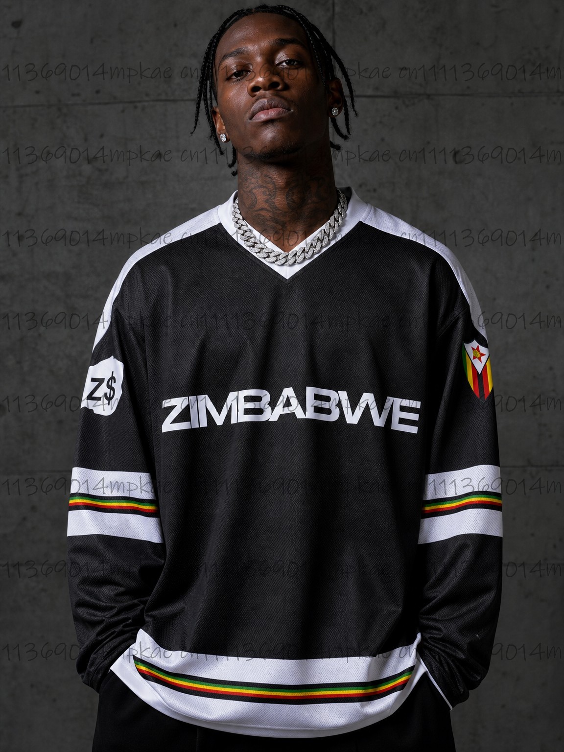 Mens Fashion Streetwear - Erkek Zimbabve Baskılı V Yaka Uzun