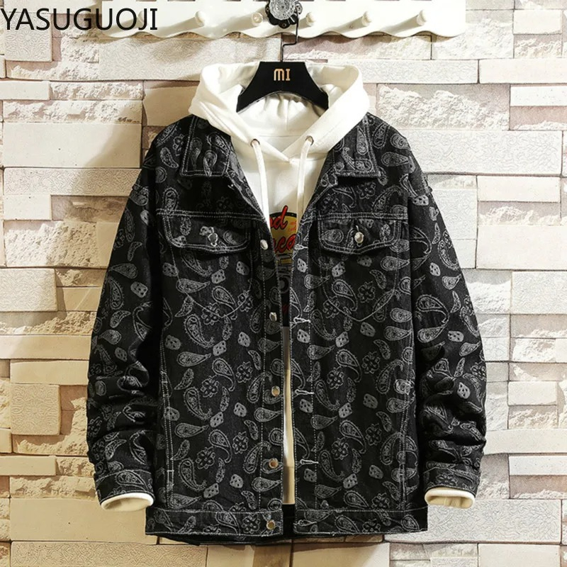 Mens Fashion Denim Jacket - Yeni 2025 Bahar Japon Vintage Baskılı