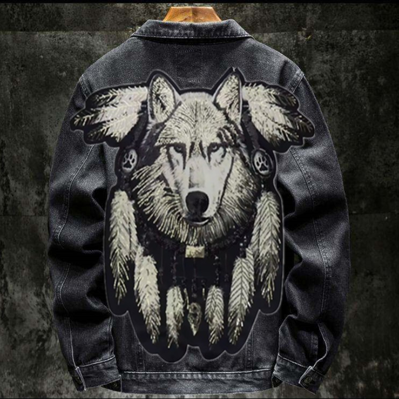 Mens Fashion Denim Jacket - Amerika Vintage Ağır Kurt Işlemeli Yama