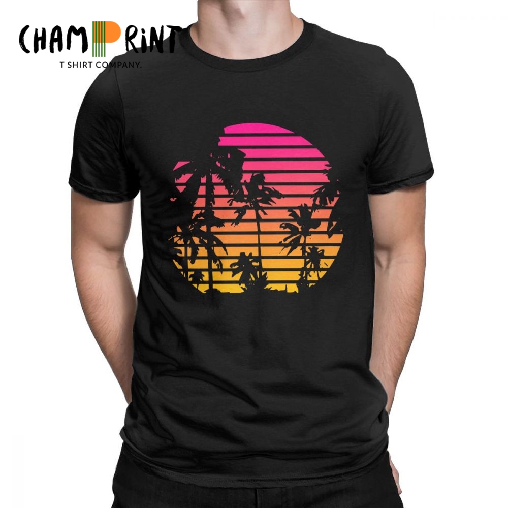 Men'S Fashion From The 80S - Günbatımı palmiye ağacı Vintage Tee gömlek
