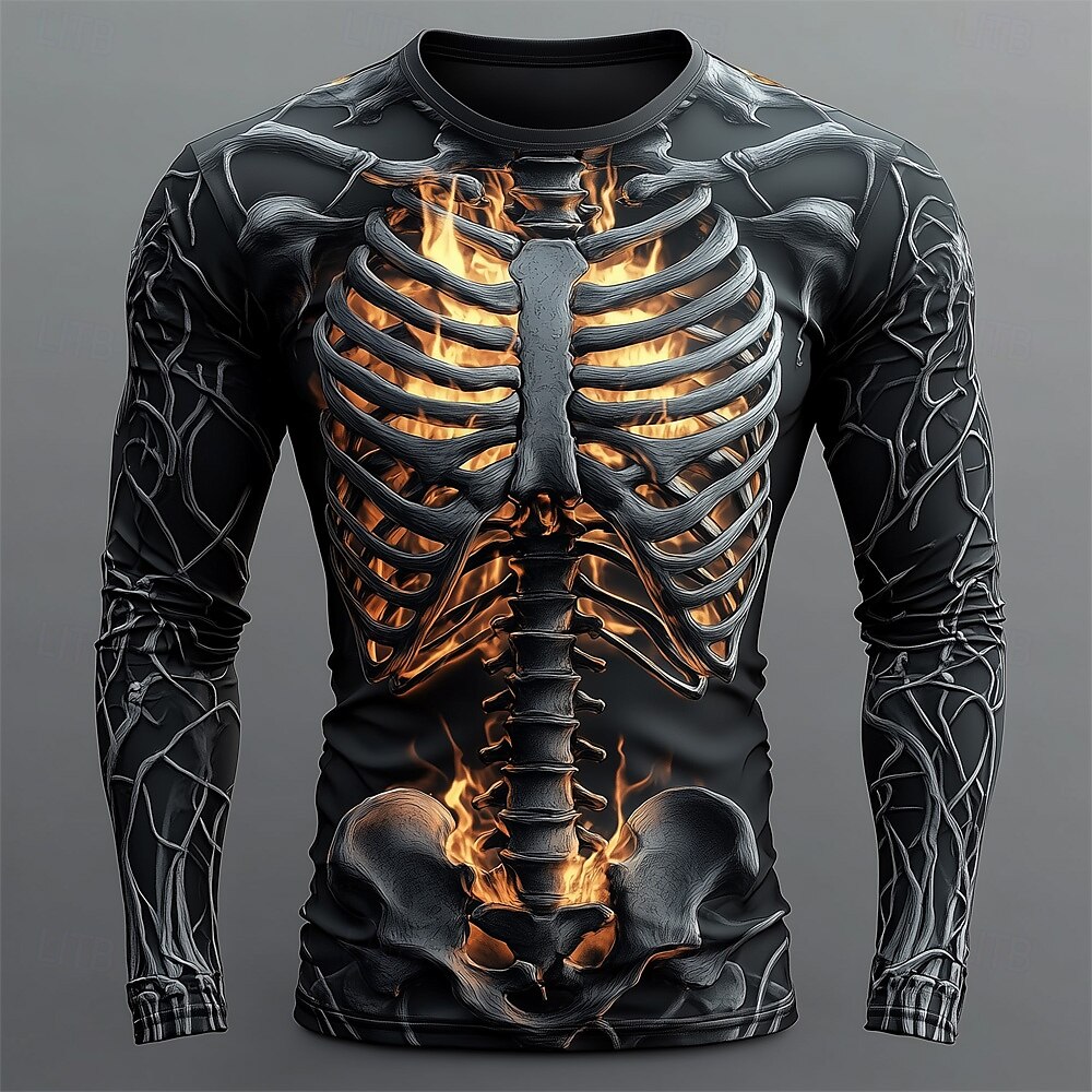Mens Fashion Streetwear - Erkek 3D Alevli Kafatası Desenli Uzun